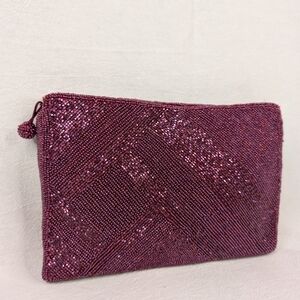 Vintage Genie Beaded Clutch Purse Plum Burgundy Glass Seed Bead Evening Womens